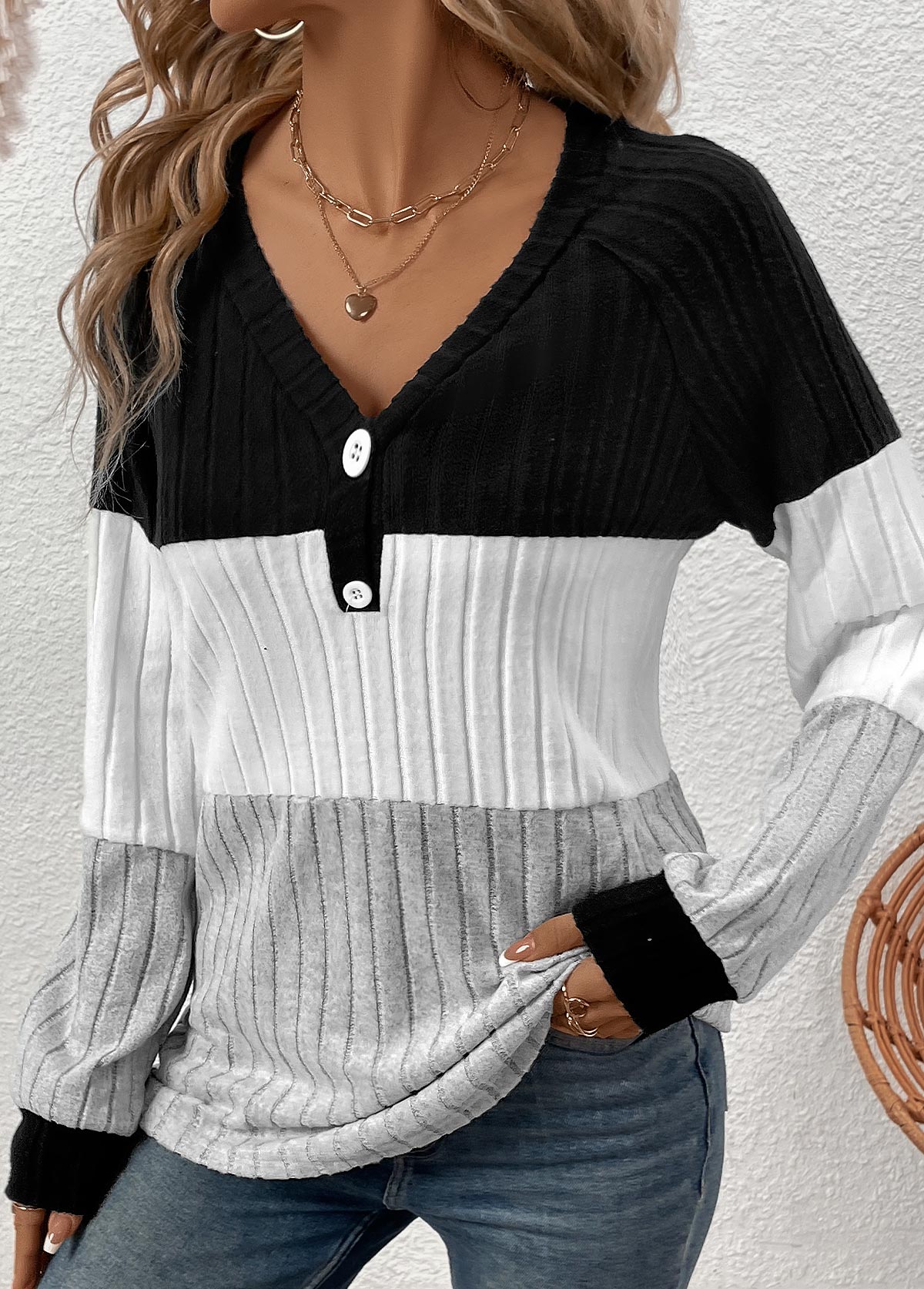 Modlily Black Patchwork Long Sleeve V Neck Button T Shirt - XL