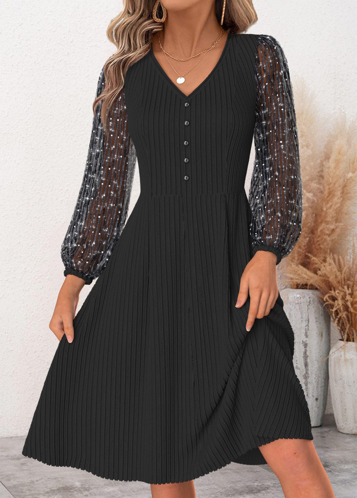 Modlily Black Patchwork Long Sleeve V Neck Dress - M