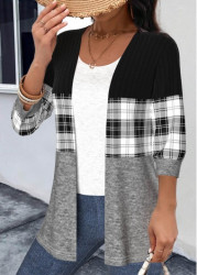 Modlily Black Patchwork Plaid 3/4 Sleeve Round Neck Light Cardigan - S