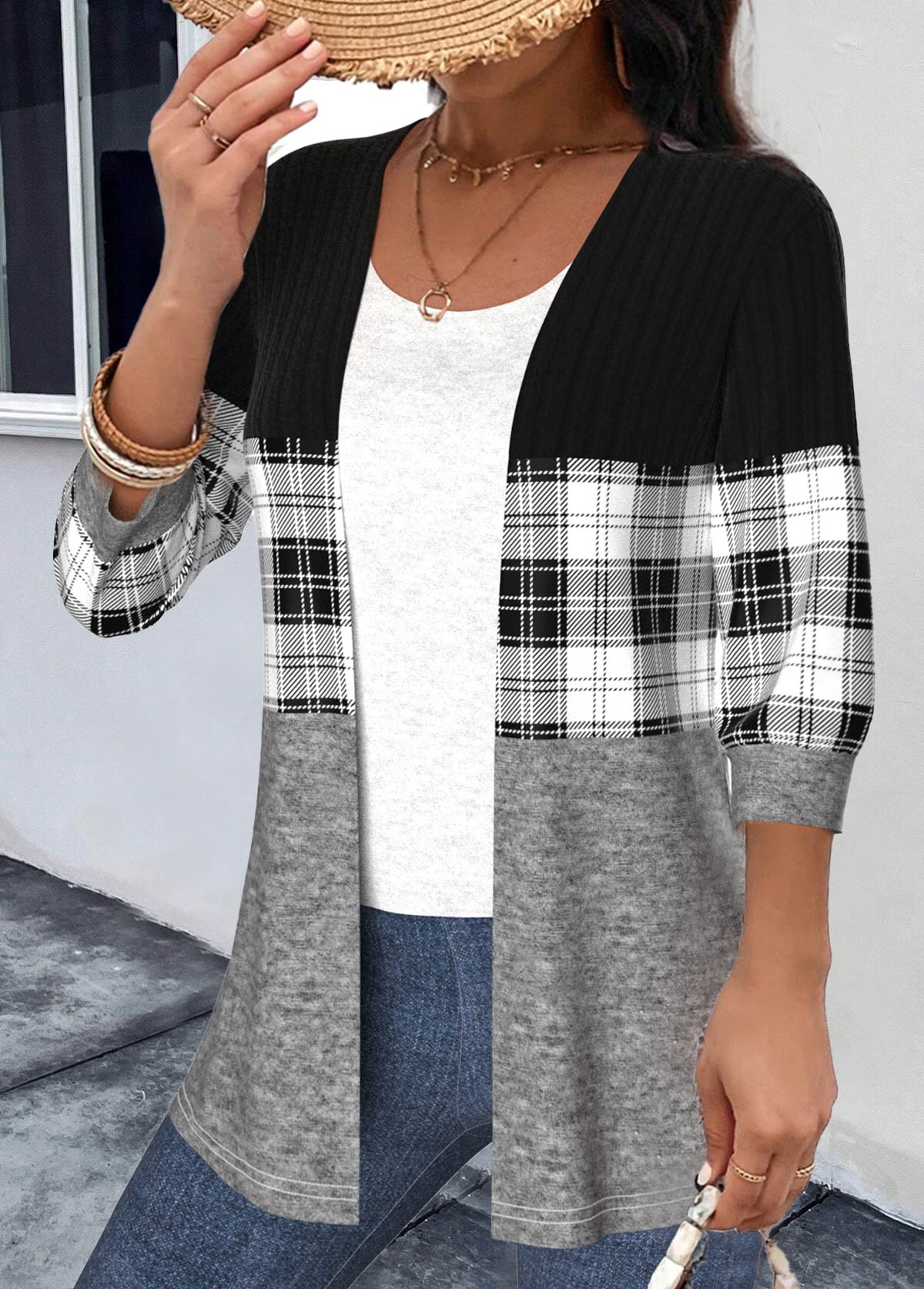 Modlily Black Patchwork Plaid 3/4 Sleeve Round Neck Light Cardigan - S