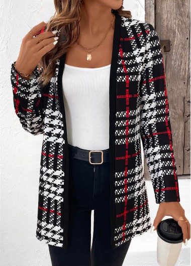 Modlily Black Patchwork Plaid Long Sleeve Coat - S