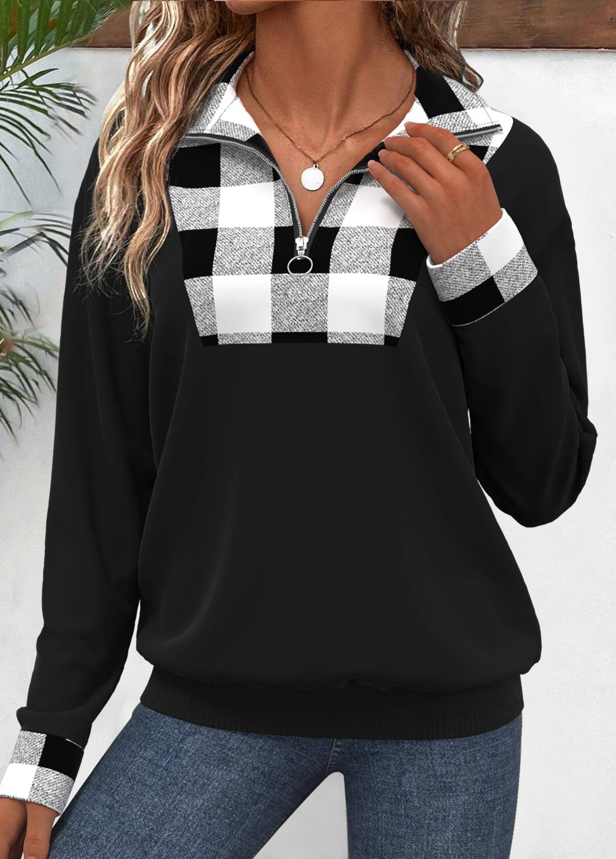Modlily Black Patchwork Plaid Long Sleeve Turn Down Collar Sweatshirt - XL