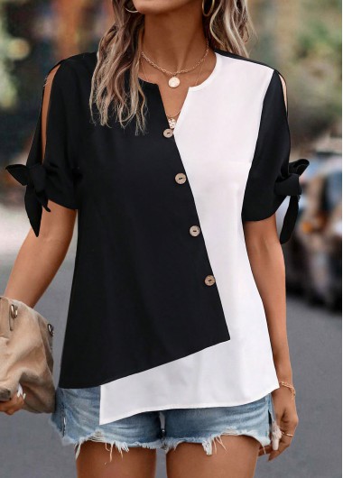 Modlily Black Patchwork Short Sleeve Split Neck Blouse - S