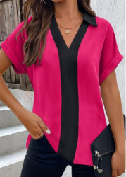 Modlily Black Patchwork Short Sleeve V Neck Blouse - S