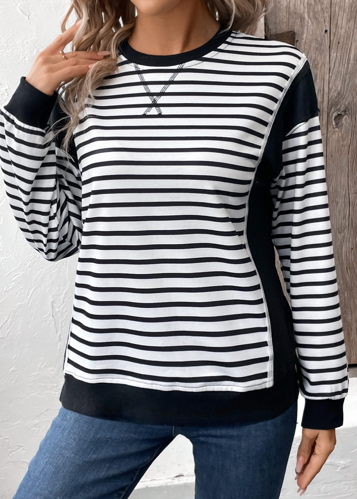 Modlily Black Patchwork Striped Long Sleeve Round Neck Sweatshirt - XL