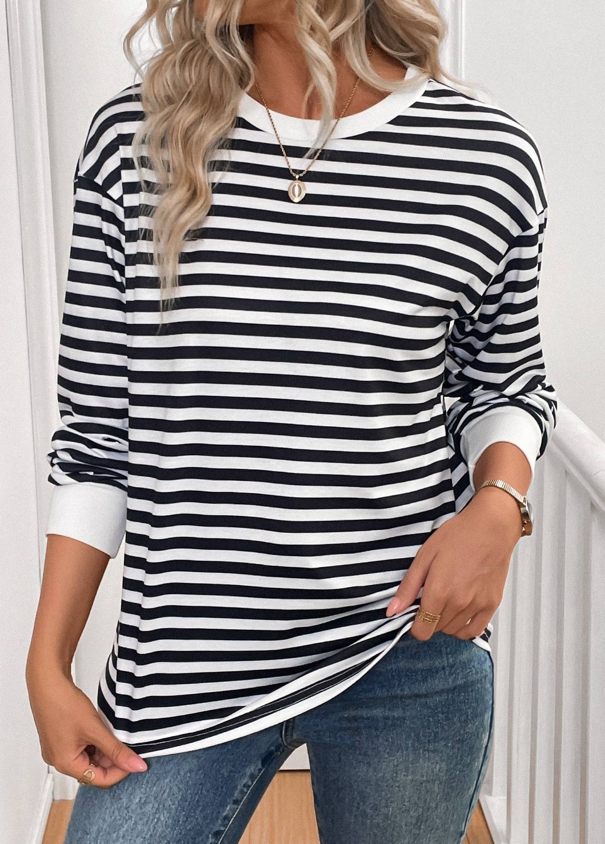 Modlily Black Patchwork Striped Long Sleeve Round Neck T Shirt - XL