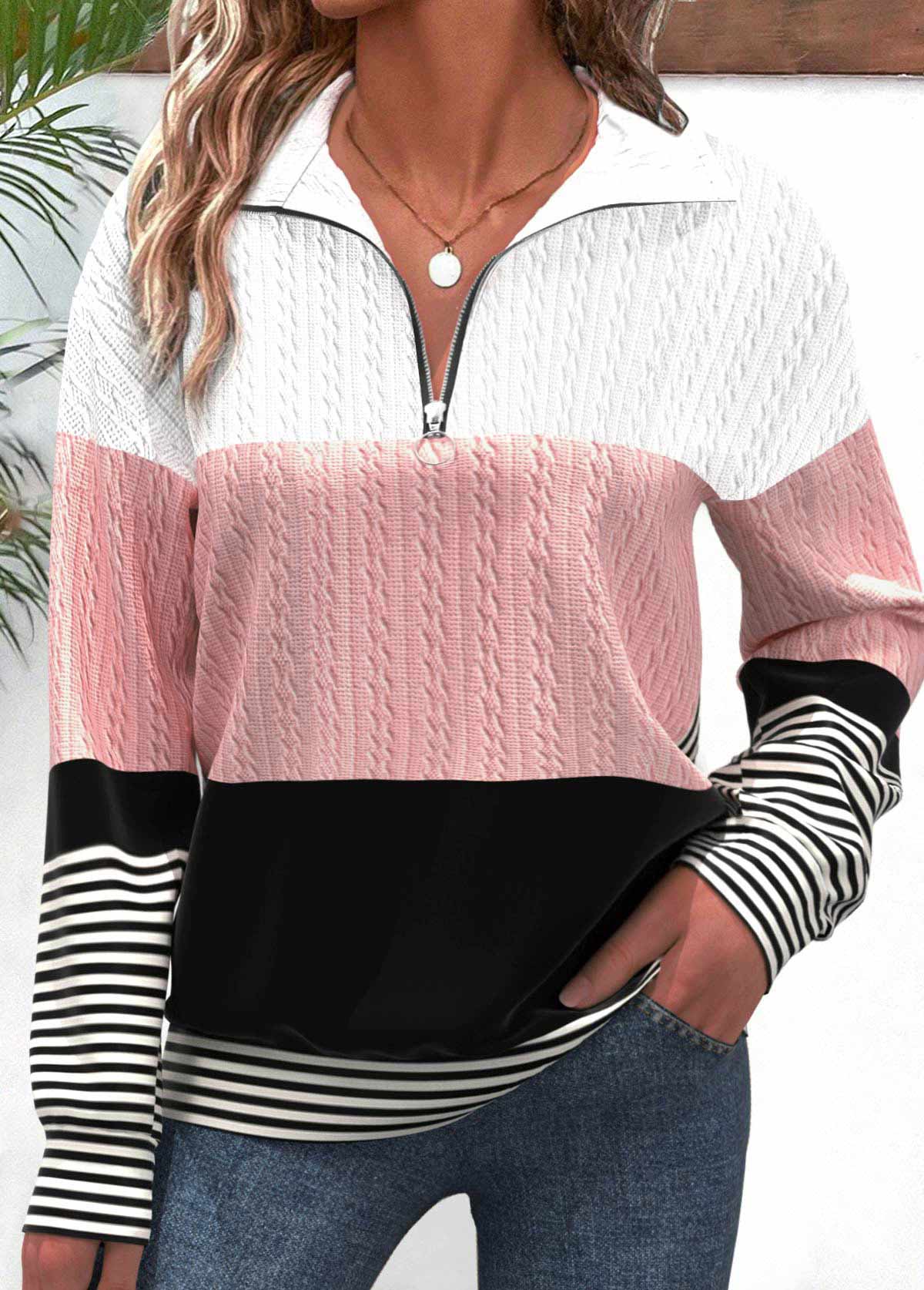 Modlily Black Patchwork Striped Long Sleeve Turn Down Collar Sweatshirt - XXL