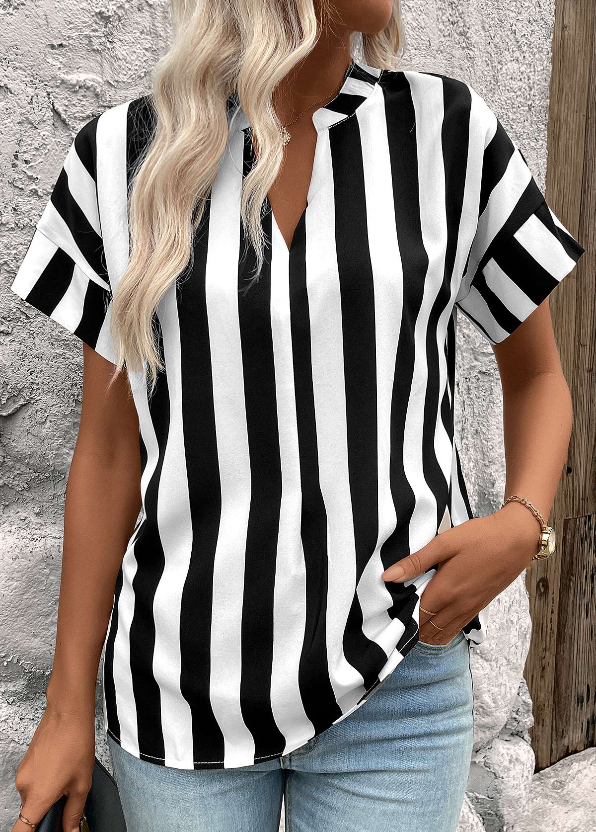 Modlily Black Patchwork Striped Short Sleeve Split Neck Blouse - M
