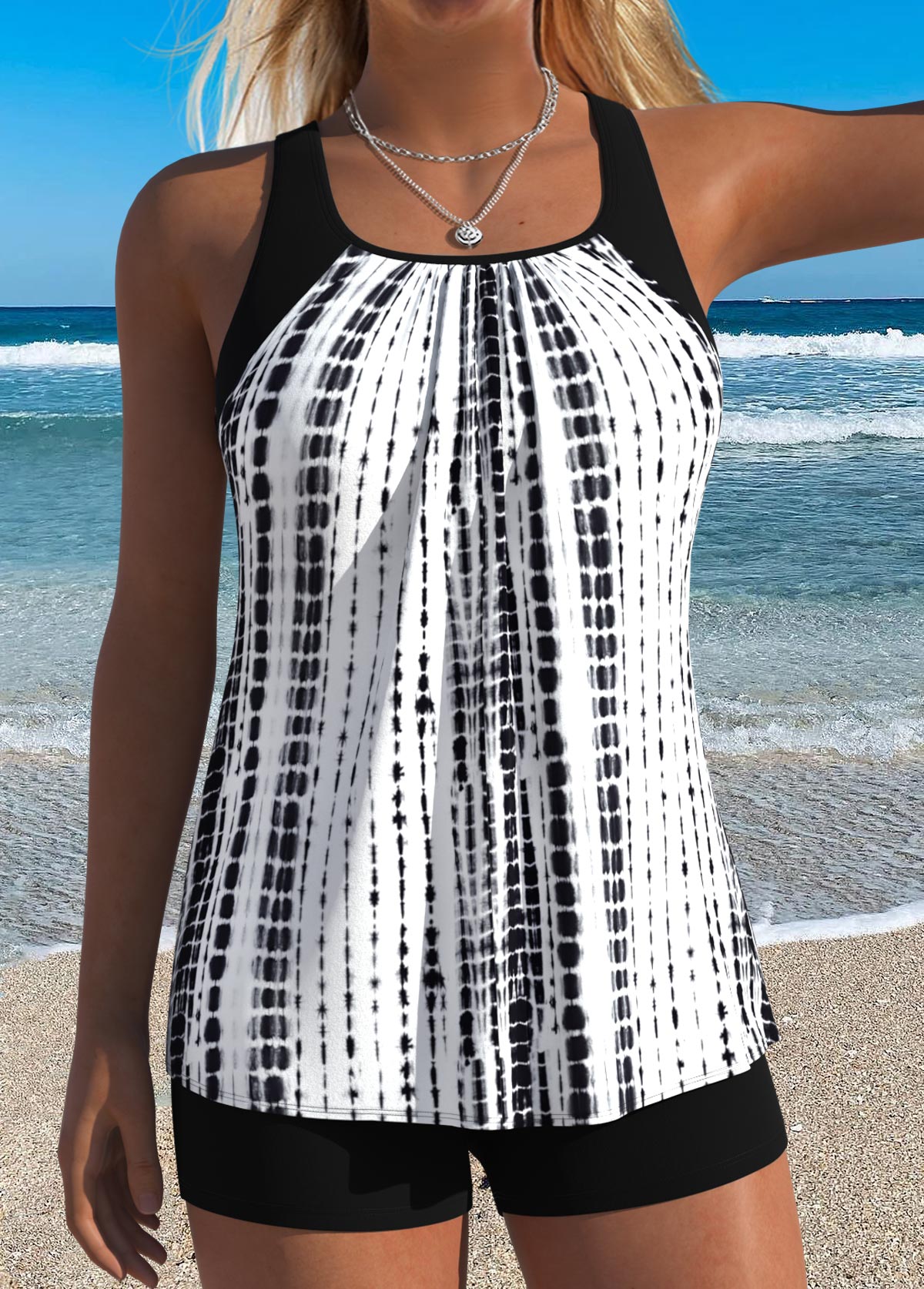 Modlily Black Patchwork Tie Dye Print Tankini Top - S