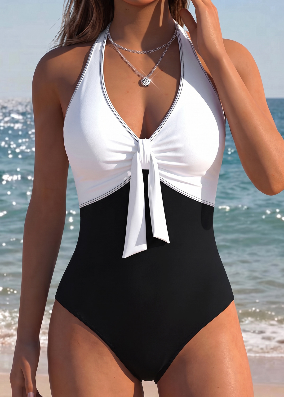 Modlily Black Patchwork V-Neck One Piece Swimwear - S