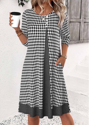 Modlily Black Plaid 3/4 Sleeve Round Neck Dress - M