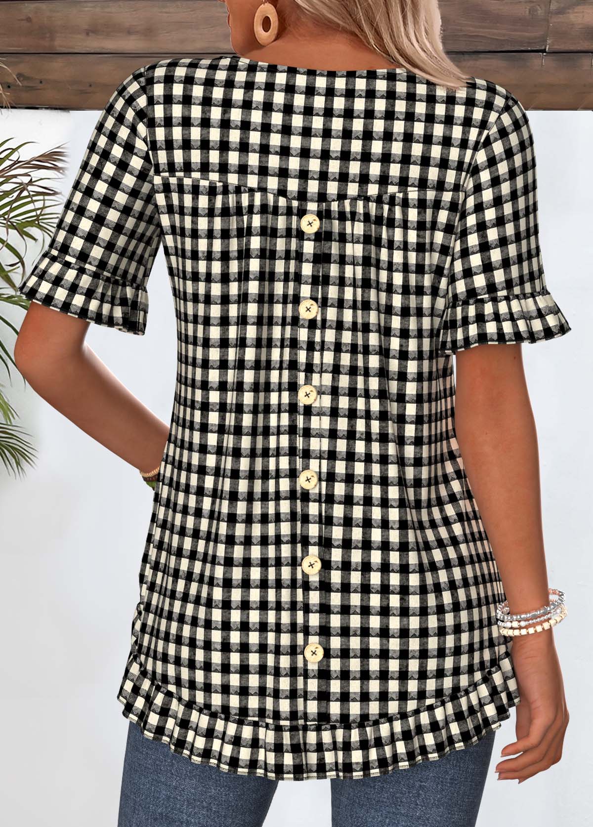 Modlily Black Plaid Frill Short Sleeve Round Neck T Shirt - S