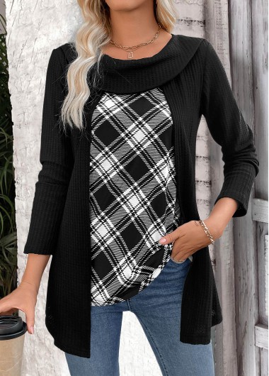 Modlily Black Plaid Long Sleeve Fake Two Piece Twinset - S