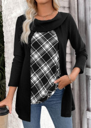 Modlily Black Plaid Long Sleeve Fake Two Piece Twinset - S