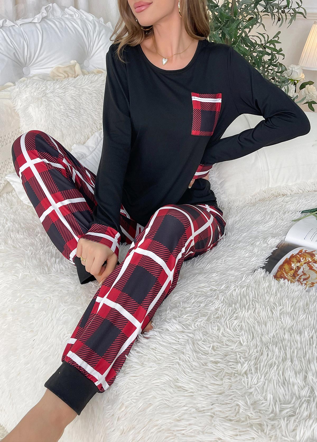 Modlily Black Plaid Long Sleeve Lounge Top and Pants - S