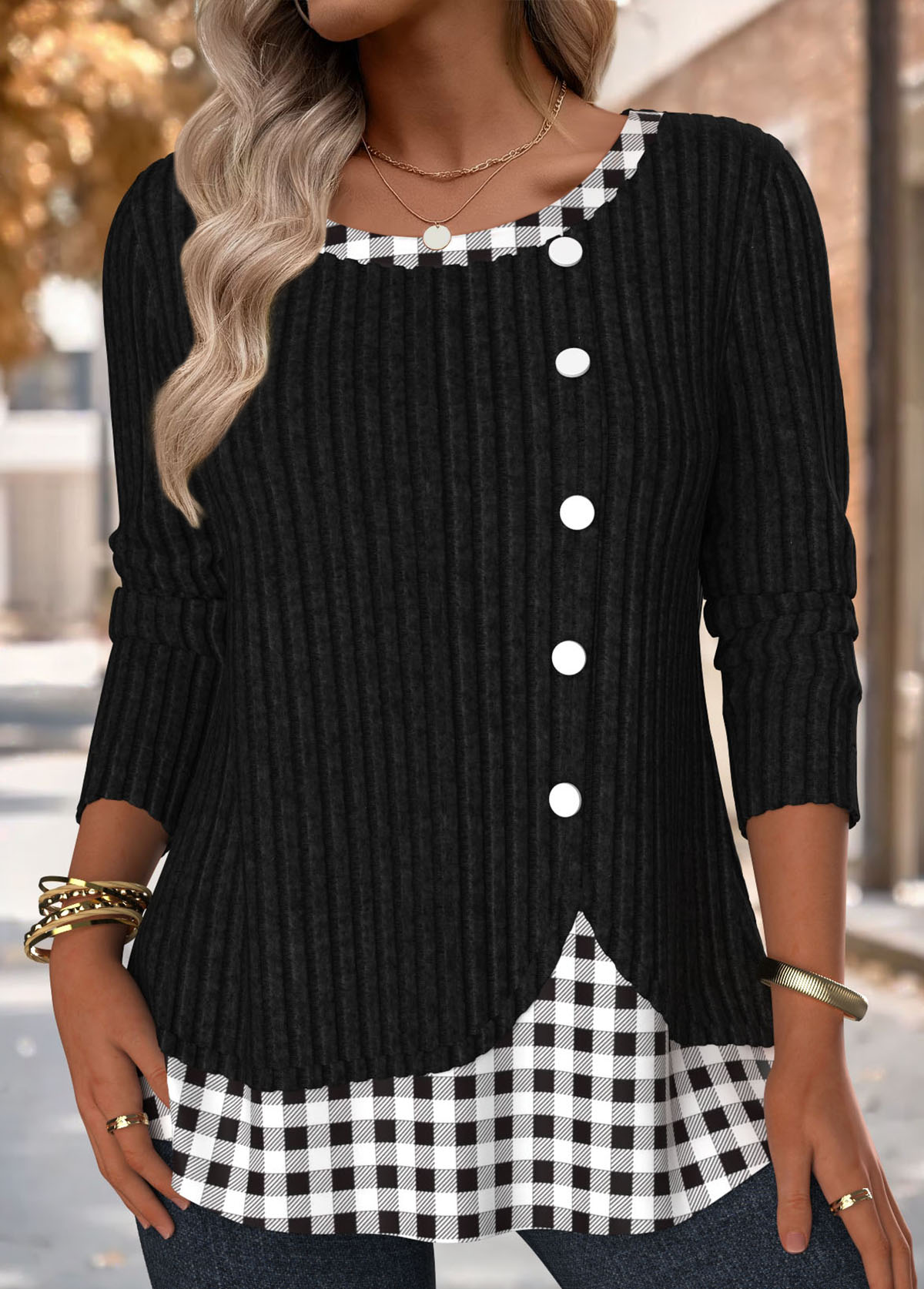 Modlily Black Plaid Long Sleeve Round Neck T Shirt - L