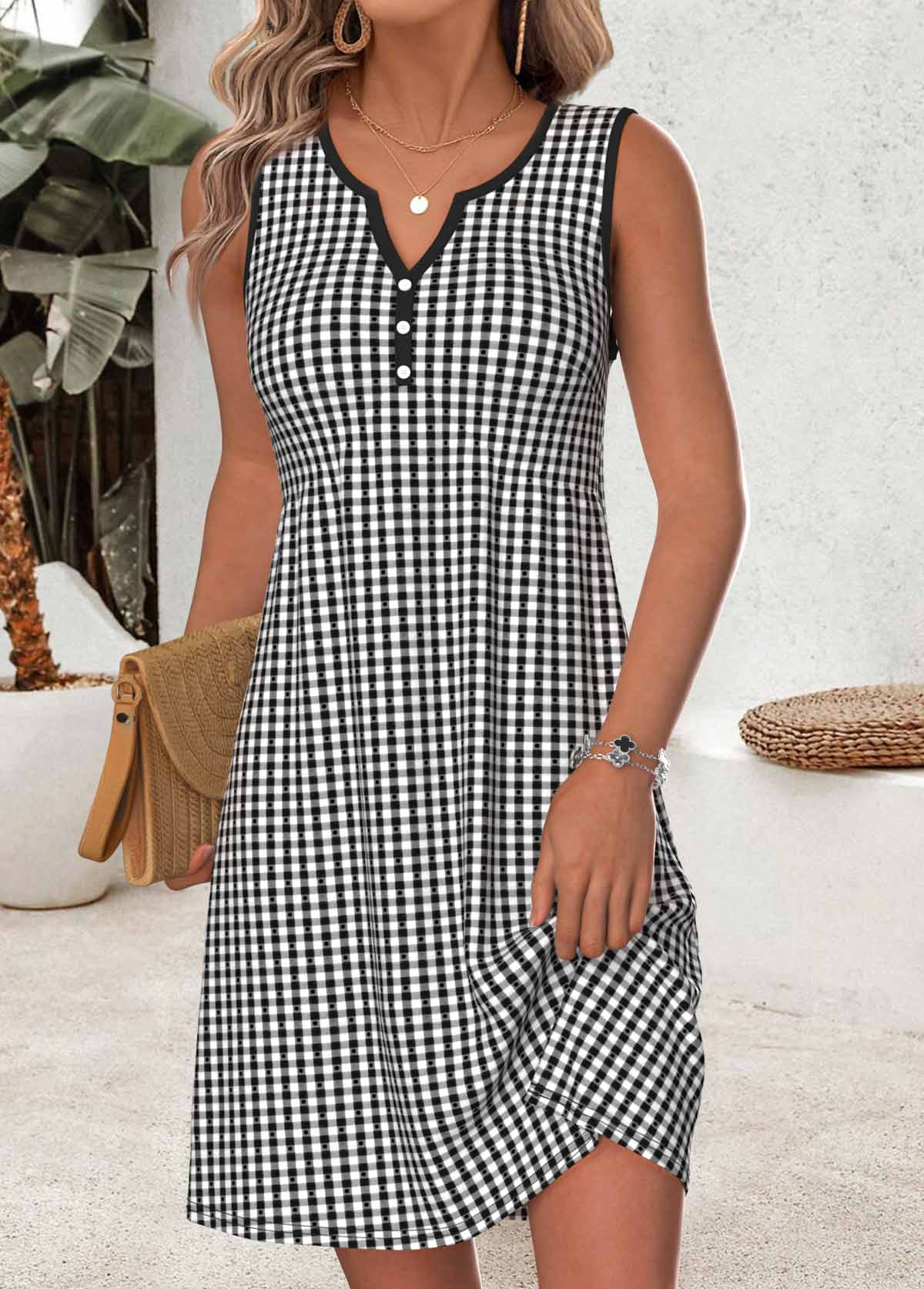 Modlily Black Plaid Short Tummy Coverage Sleeveless Round Neck Dress - S