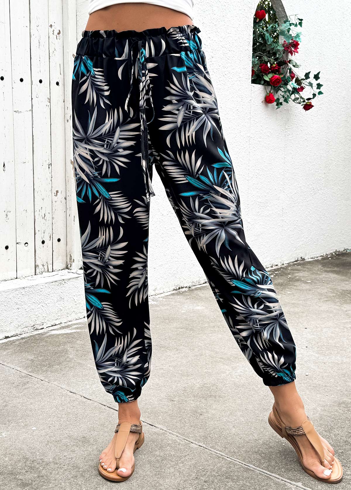 Modlily Black Plants Print Jogger Elastic Waist High Waisted Pants - L