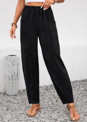 Modlily Black Pocket Elastic Waist High Waisted Ankle Length Pants - S