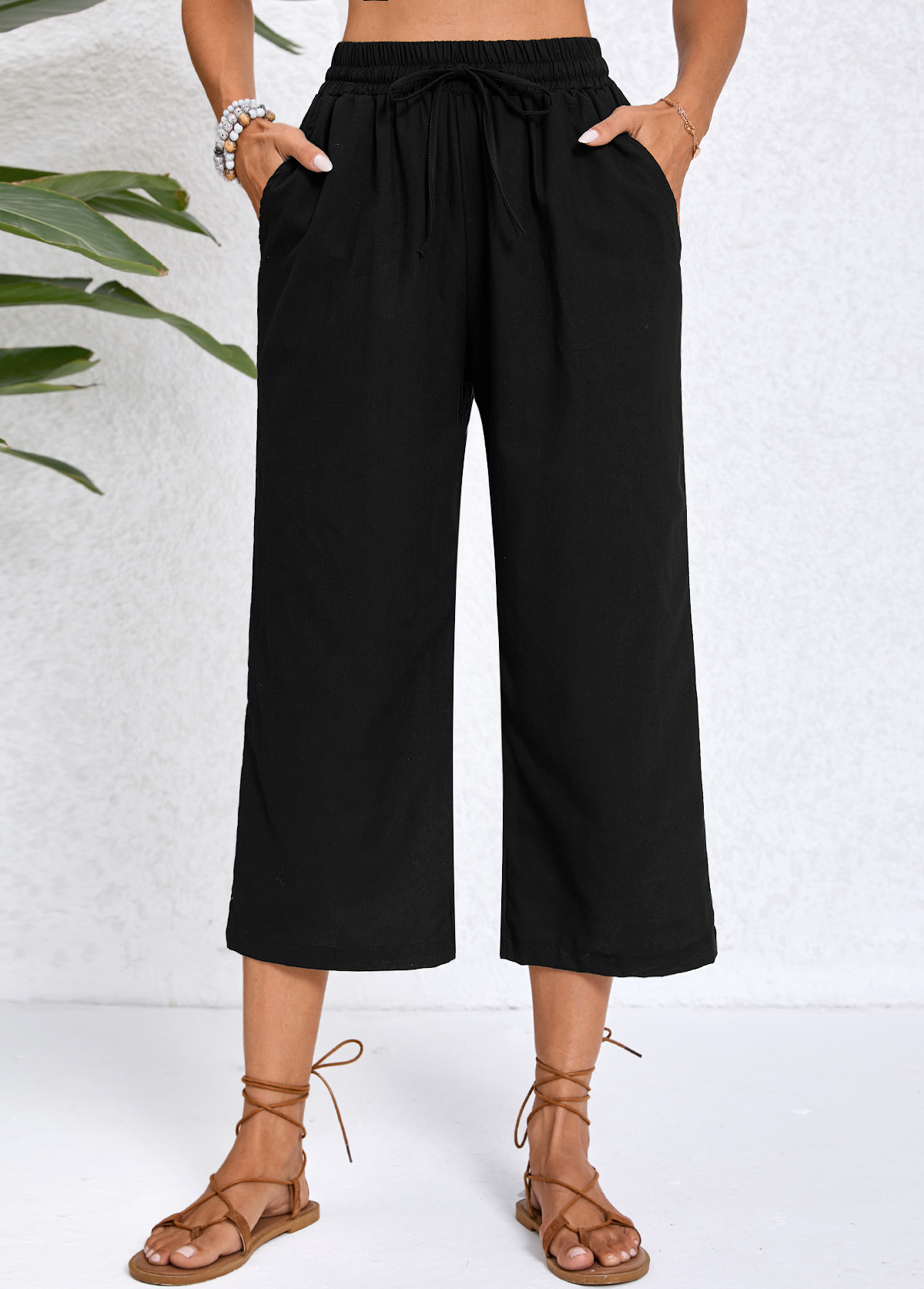 Modlily Black Pocket Elastic Waist High Waisted Capri Pants - S