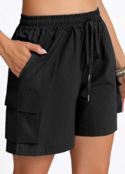 Modlily Black Pocket Elastic Waist High Waisted Drawstring Shorts - S