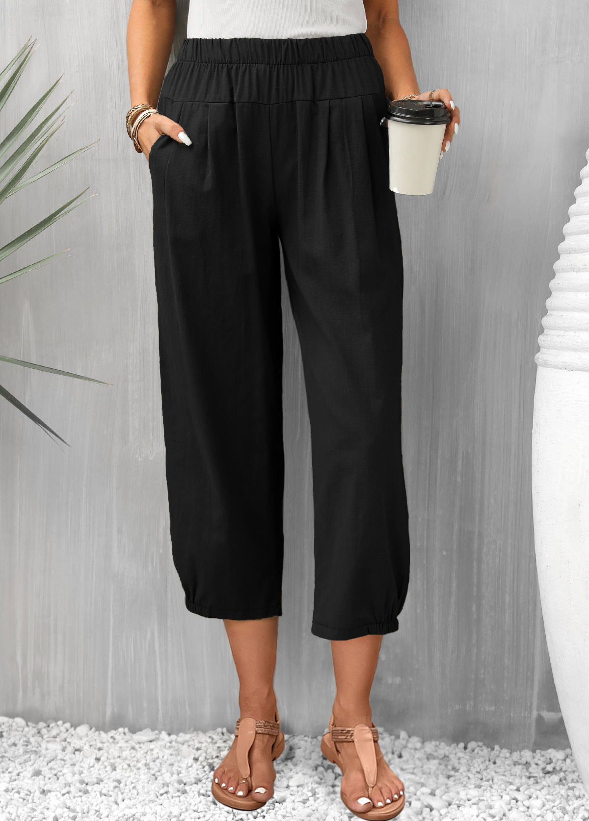 Modlily Black Pocket Elastic Waist High Waisted Pants - 2XL