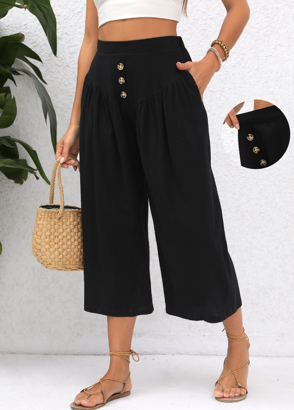 Modlily Black Pocket Elastic Waist High Waisted Pants - M