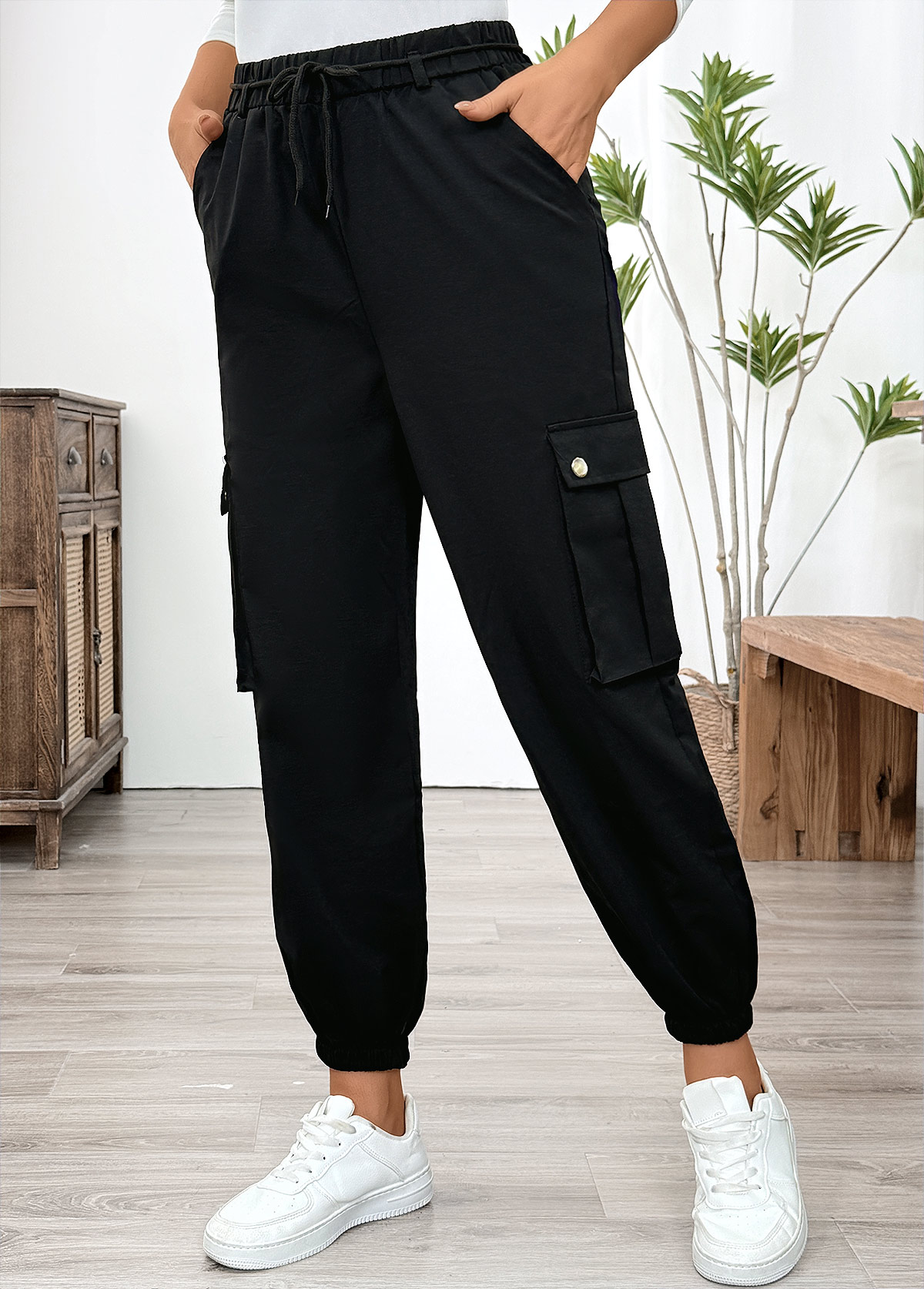 Modlily Black Pocket Jogger Elastic Waist High Waisted Pants - S
