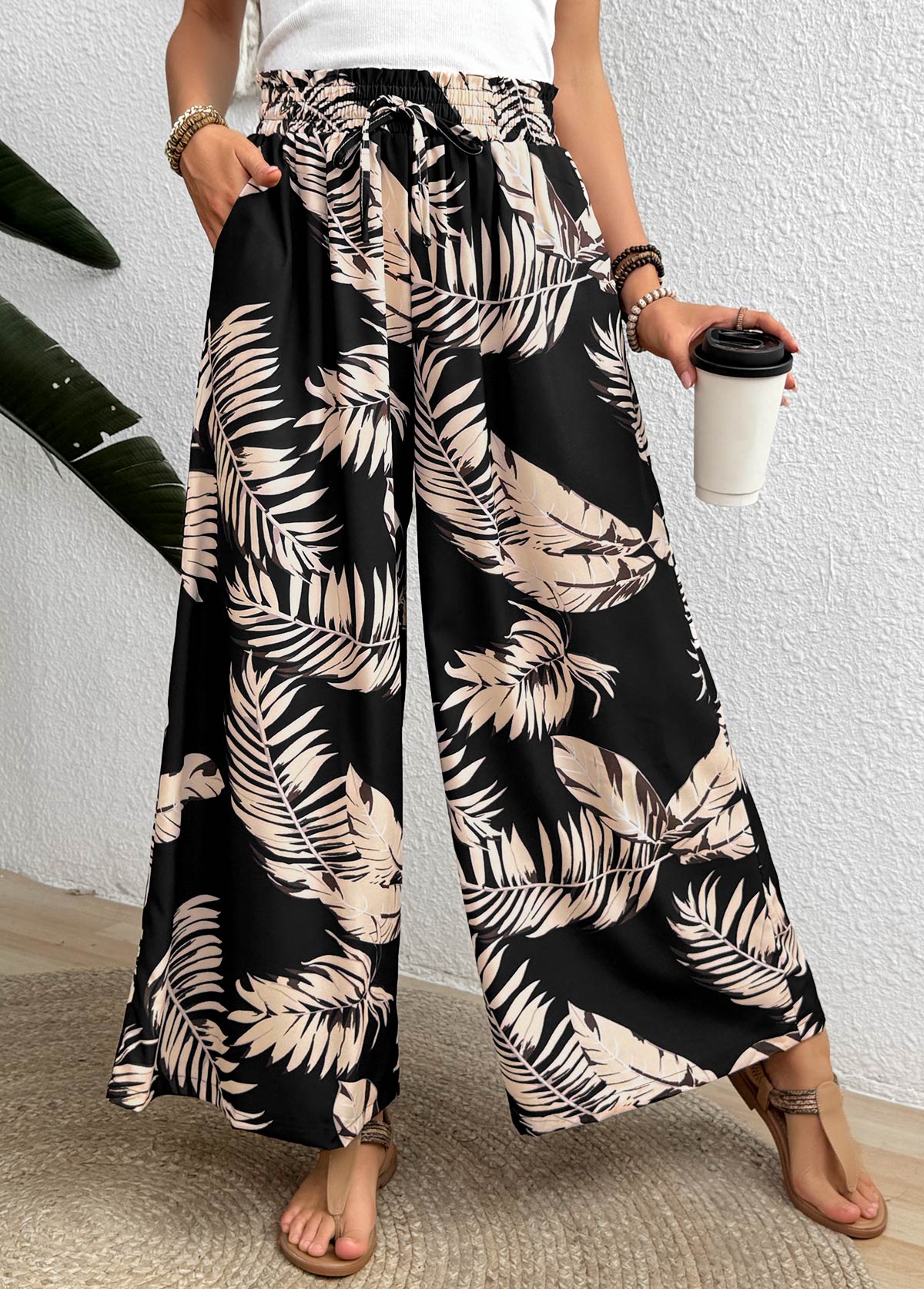Modlily Black Pocket Leaf Print Wide Leg Elastic Waist Pants - S