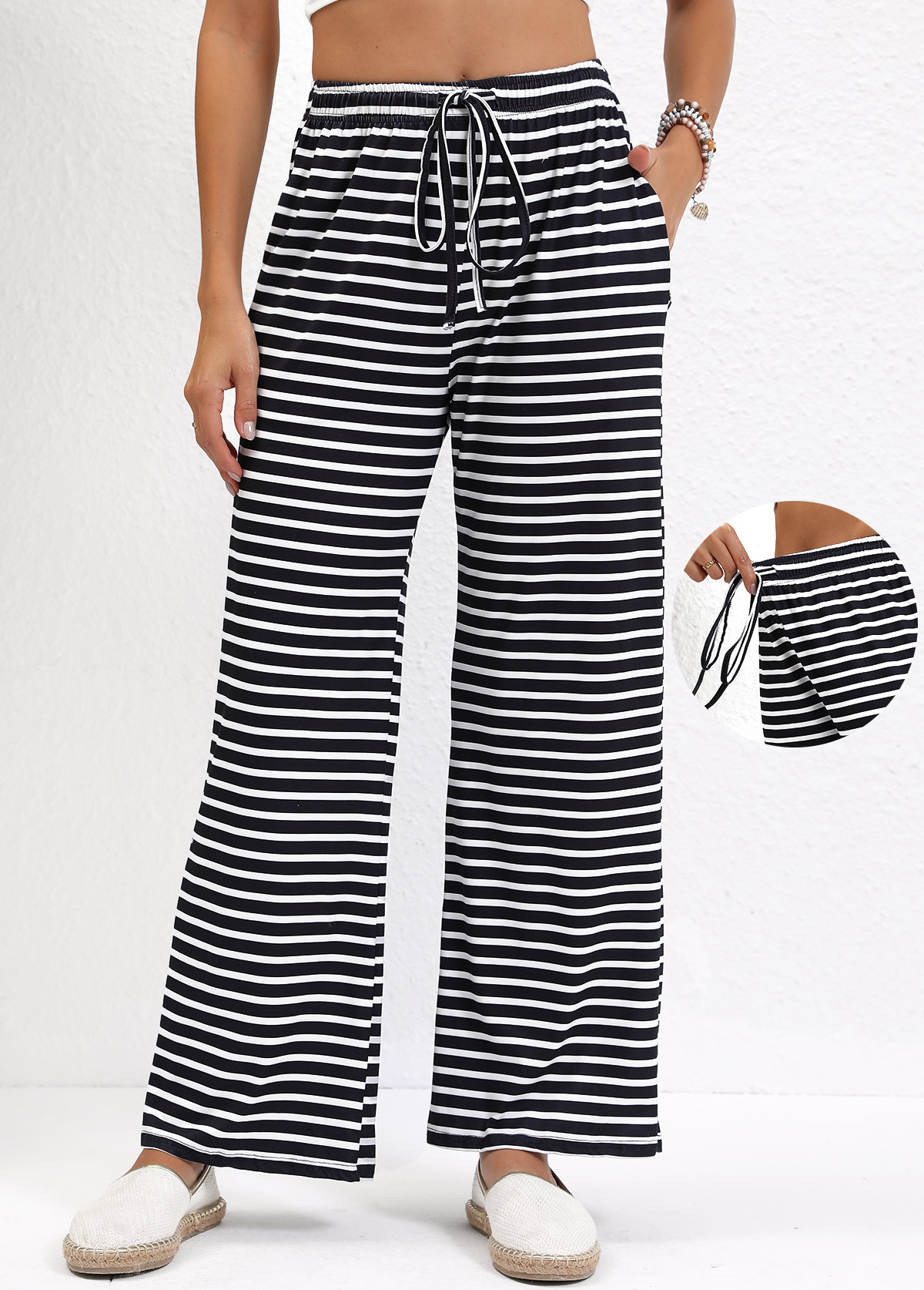 Modlily Black Pocket Striped Straight Leg Elastic Waist Pants - M