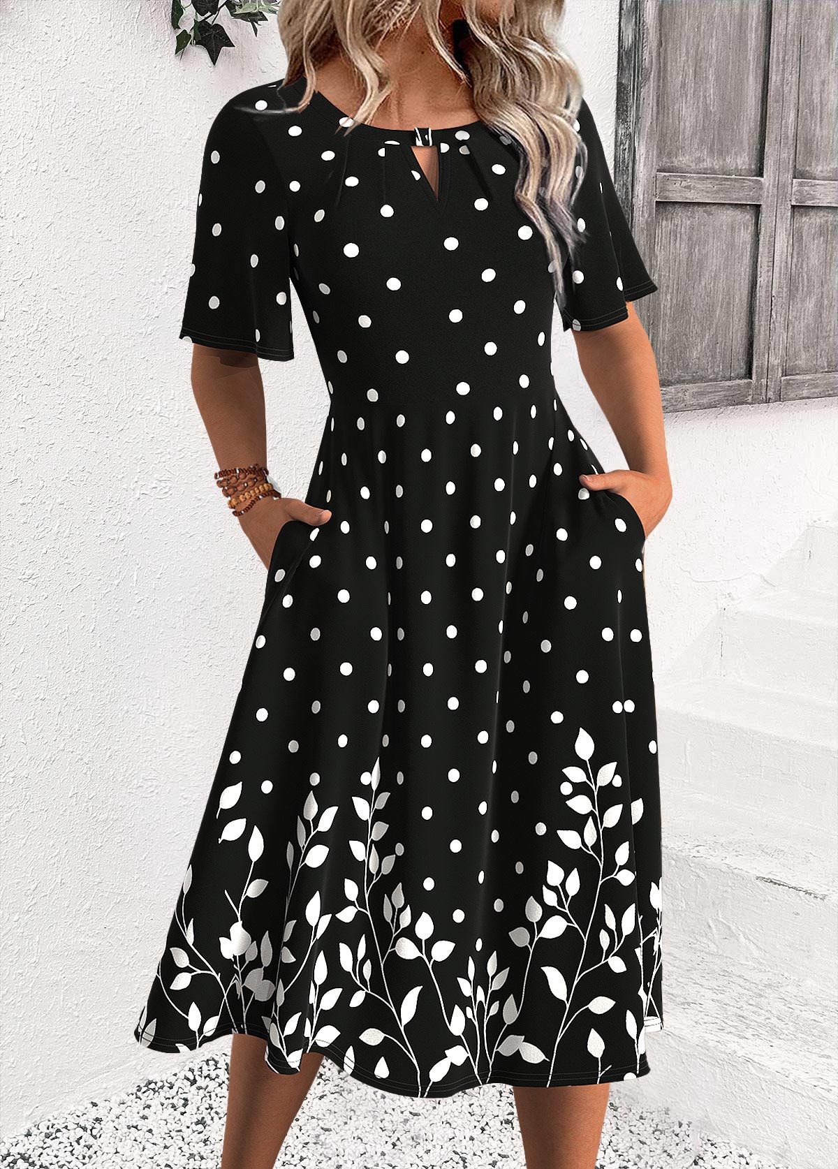 Modlily Black Polka Dot Half Sleeve Round Neck Dress - S