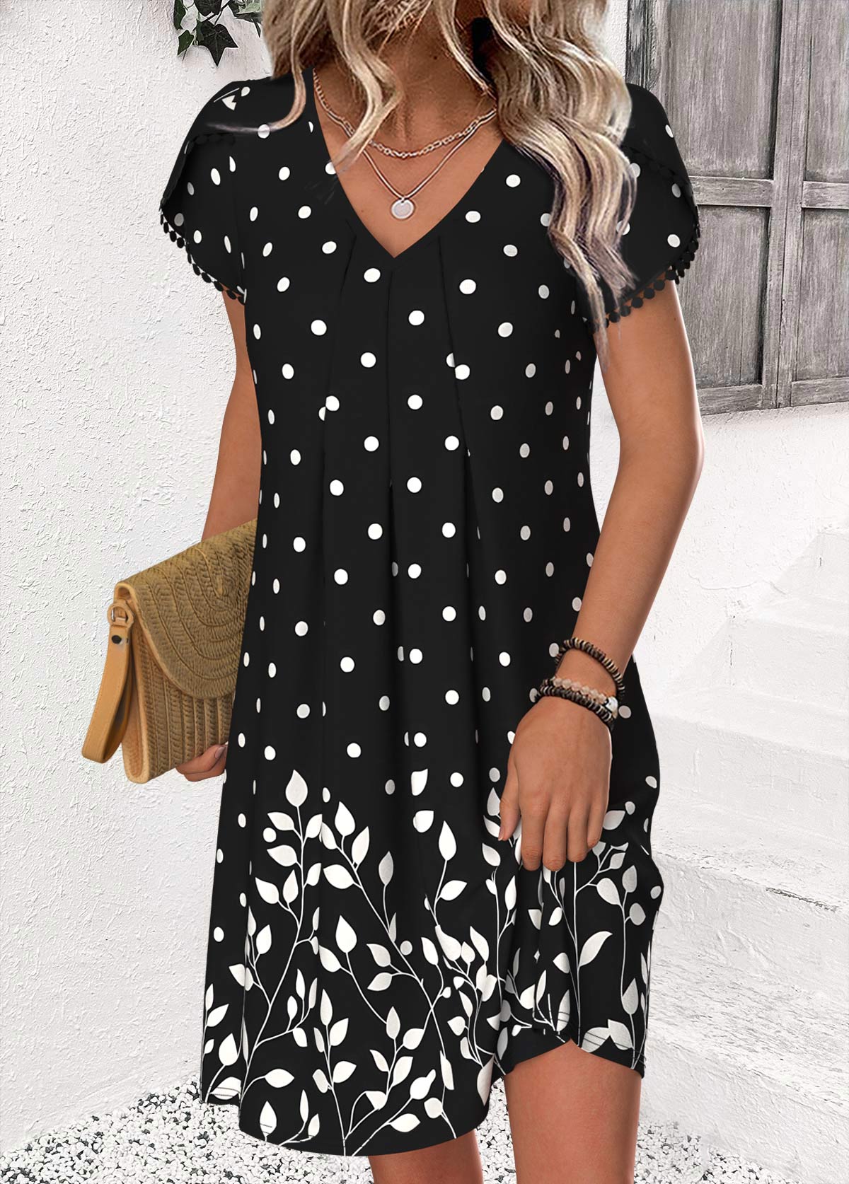 Modlily Black Polka Dot Short V Neck Dress - XXL