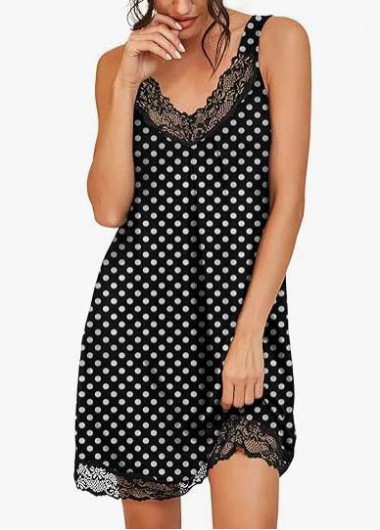 Modlily Black Polka Dot Sleeveless V Neck Nightdress - S