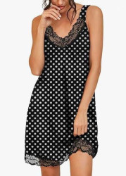 Modlily Black Polka Dot Sleeveless V Neck Nightdress - S