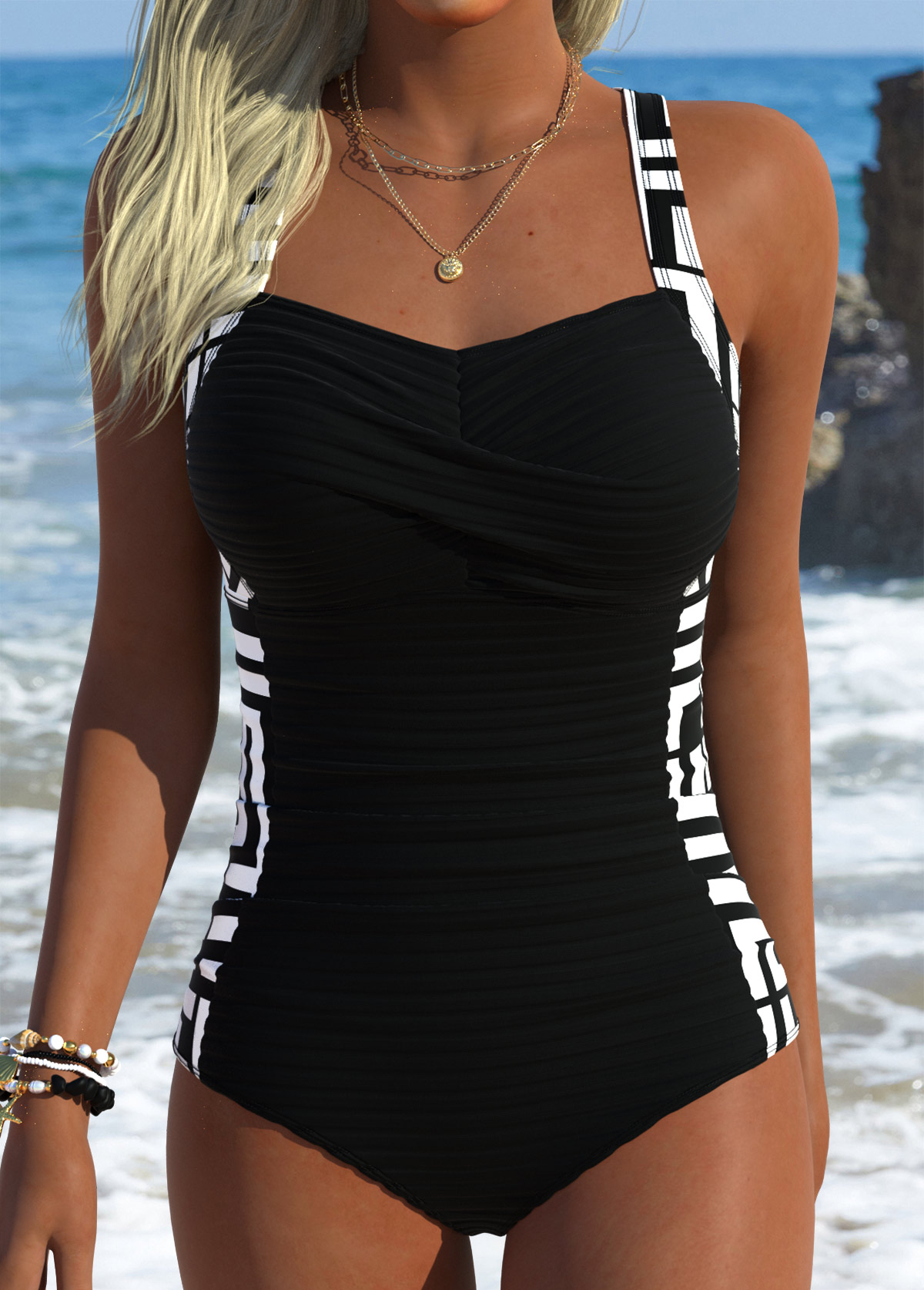 Modlily Black Pull On Geometric Print One Piece Swimwear - S