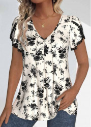 Modlily Black Ruched Random Floral Print Short Sleeve T Shirt - M