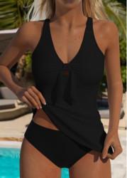 Modlily Black Ruched V Neck Tankini Set - S