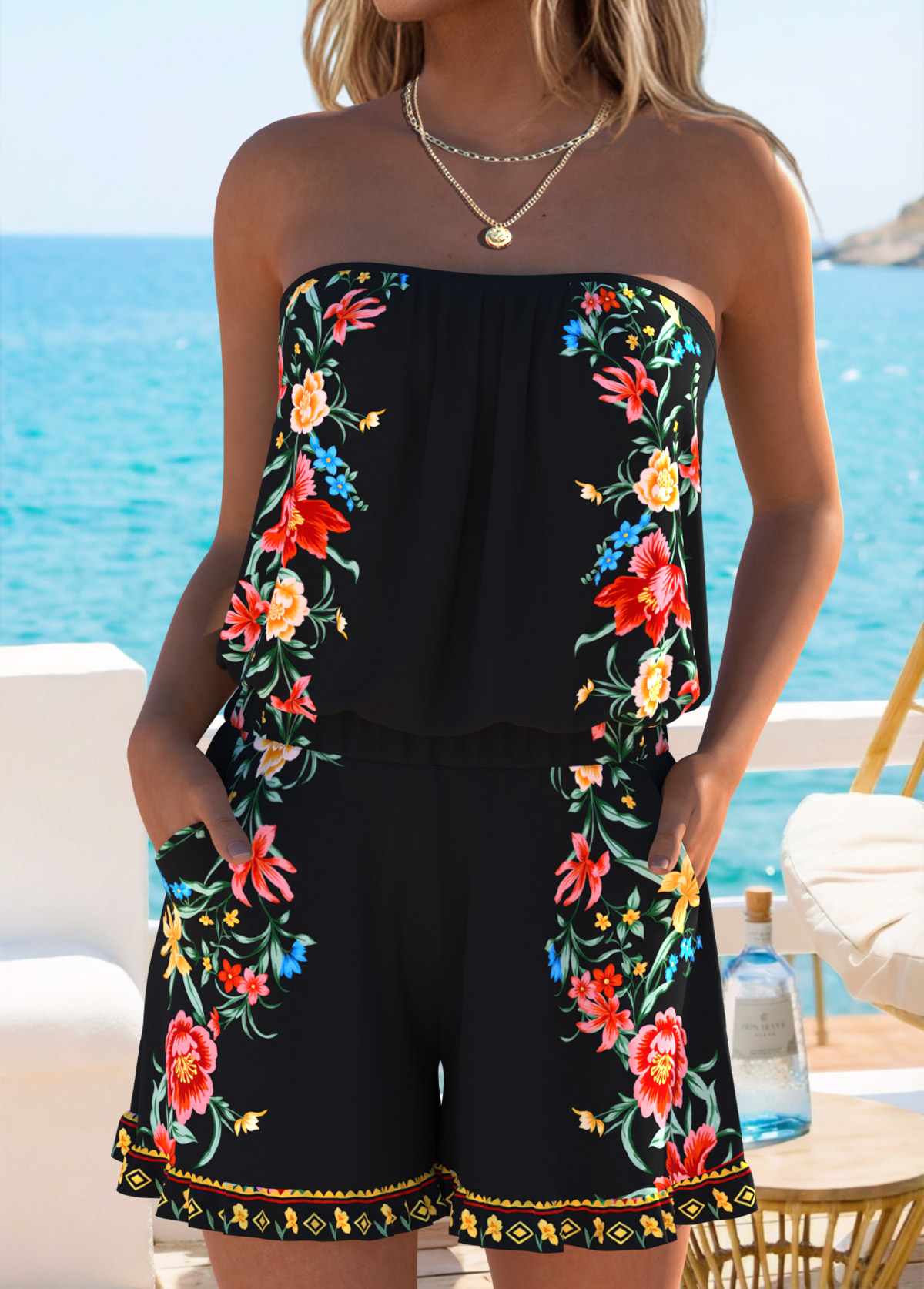 Modlily Black Ruffle Floral Print One Piece Swimwear - S