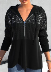 Modlily Black Sequin Long Sleeve Asymmetric Hem Hoodie - M