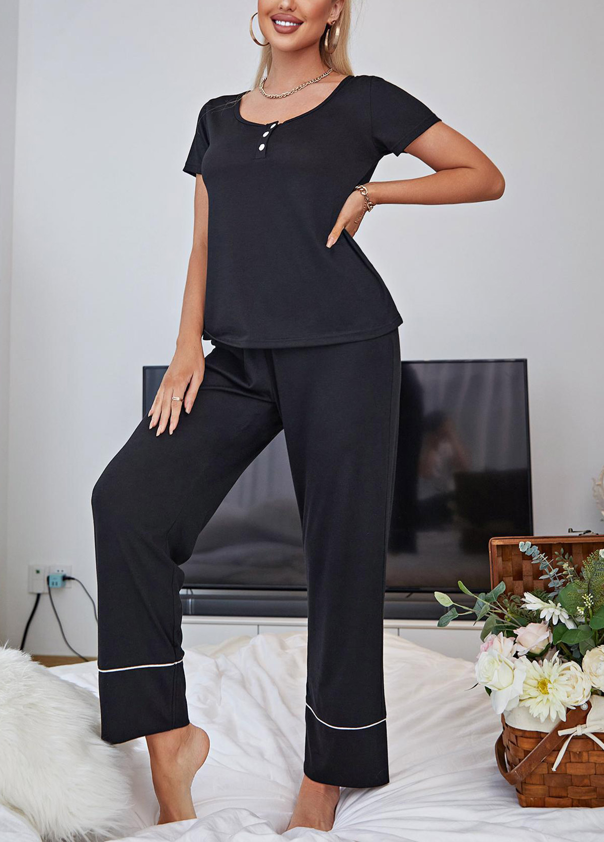 Modlily Black Short Sleeve Scoop Neck Lounge Top and Pants - S