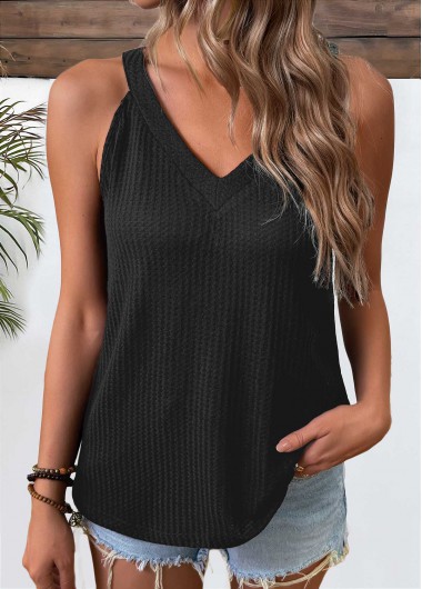 Modlily Black Short Sleeve V Neck Tank Top - S
