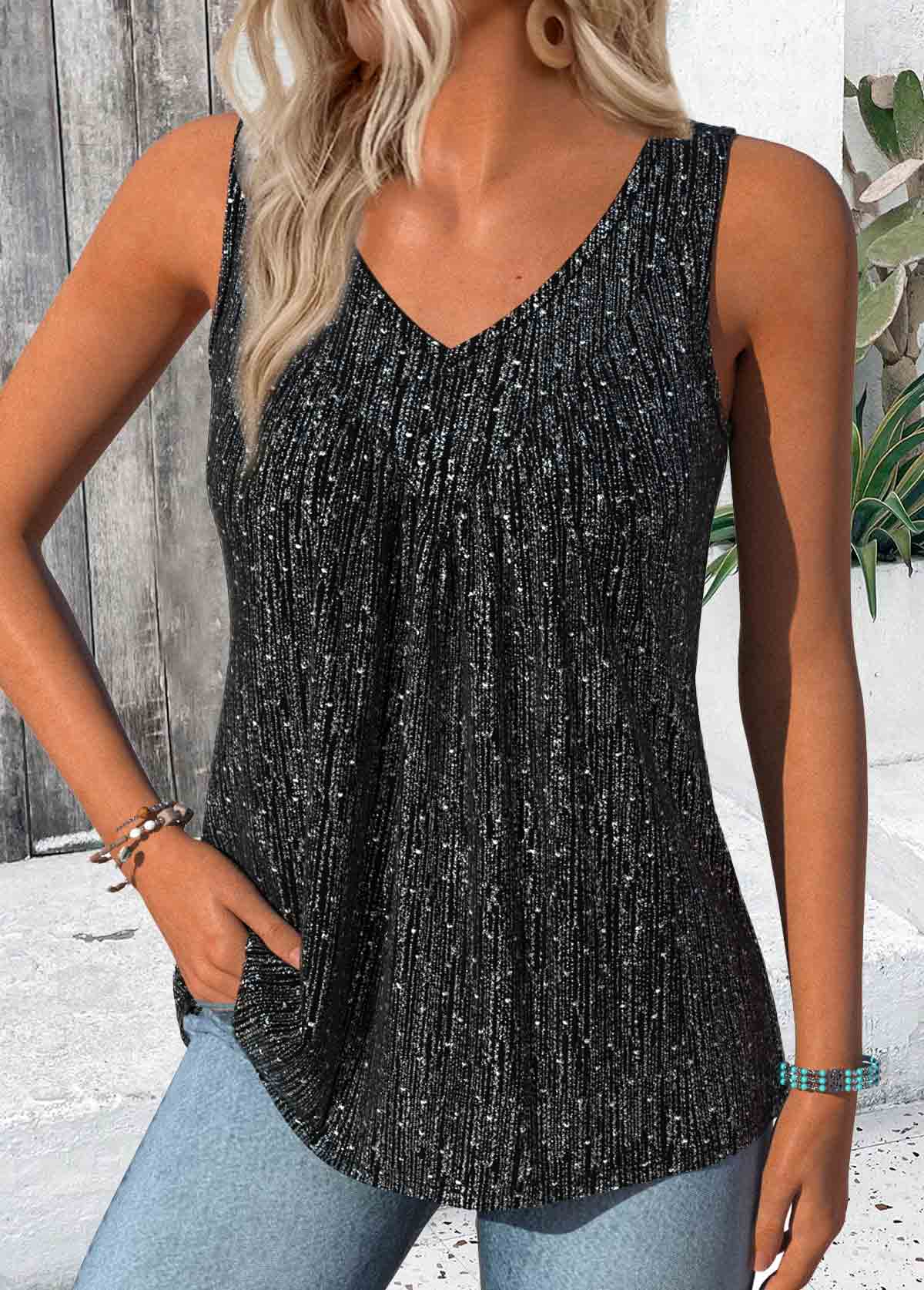 Modlily Black Sleeveless V Neck Tank Top - L