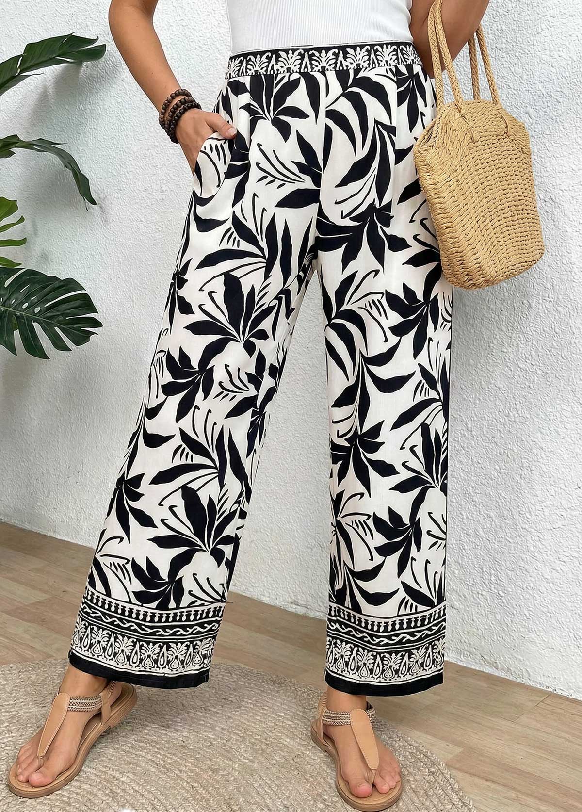 Modlily Black Soft Tropical Plants Print Wide Leg Pants - S