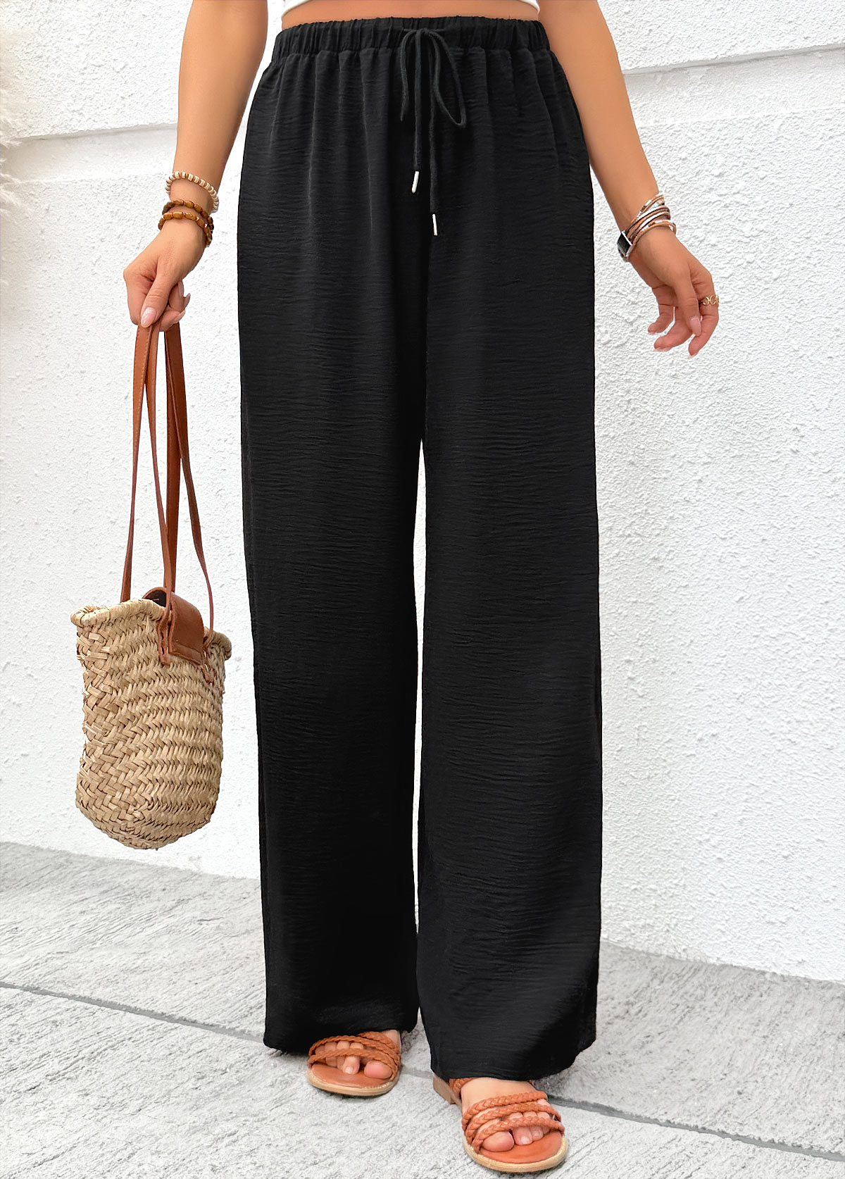 Modlily Black Soft Wide Leg Elastic Waist High Waisted Pants - S