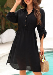 Modlily Black Split Button Ruched Cover Up - S