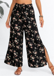 Modlily Black Split Ditsy Floral Print Flare Leg Pants - S