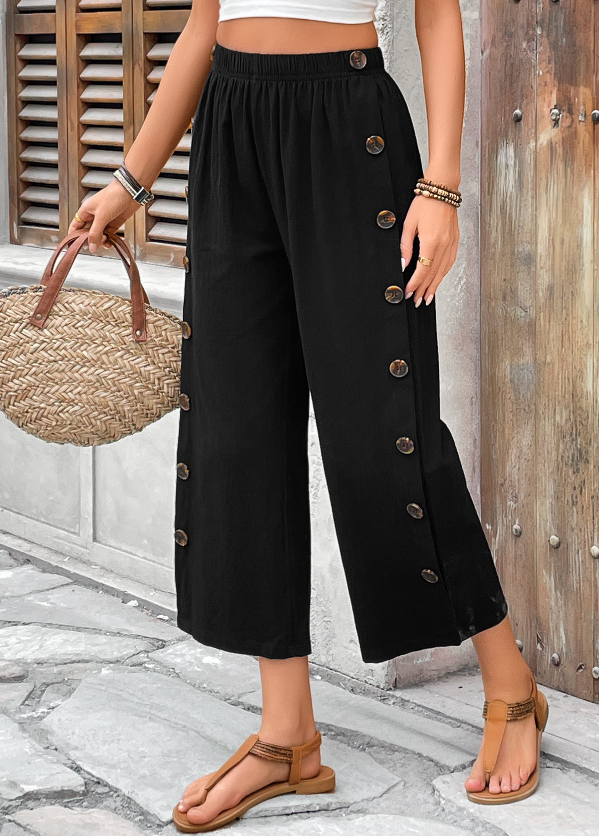 Modlily Black Straight Leg Elastic Waist High Waisted Capri Pants - M