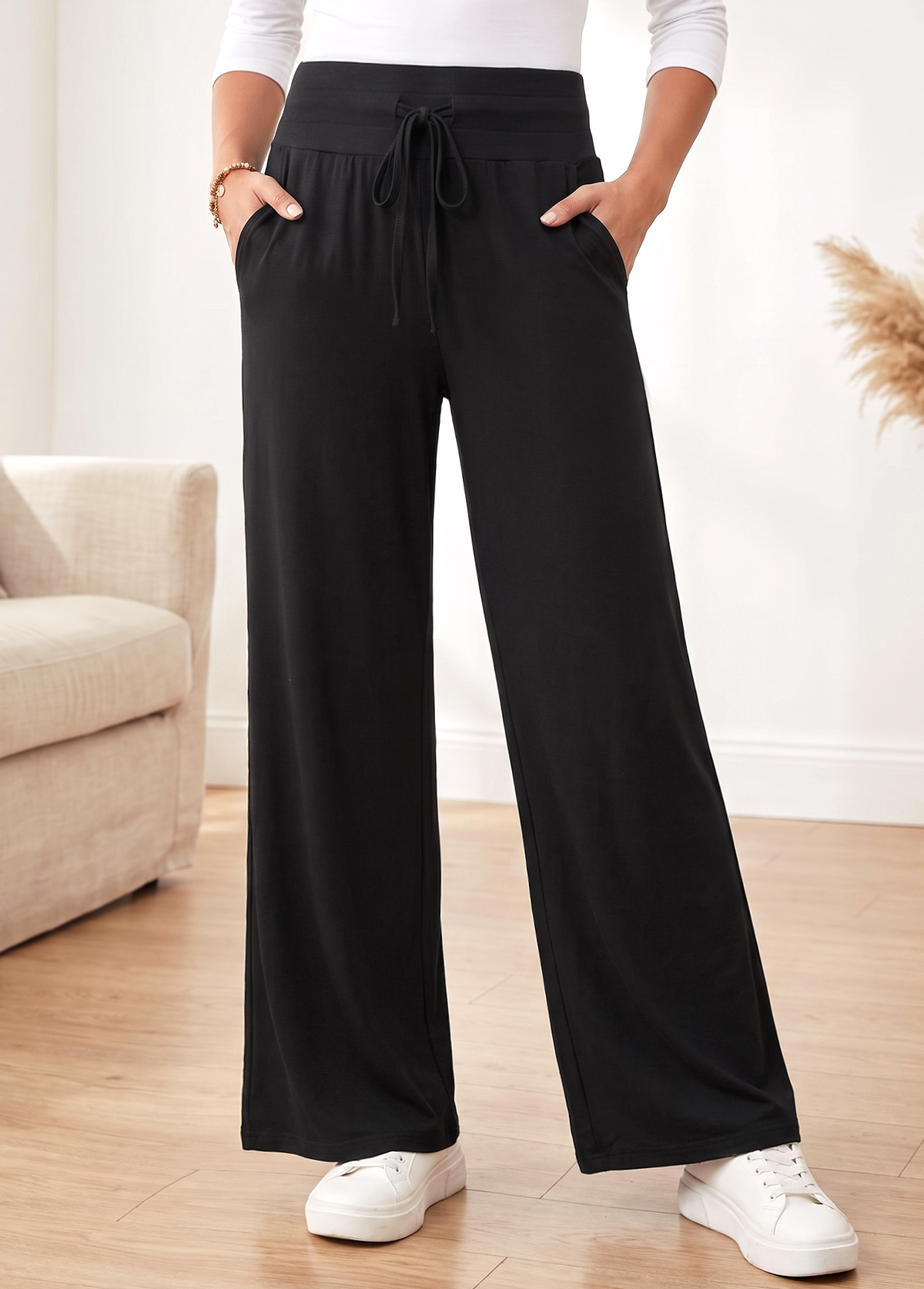 Modlily Black Straight Leg Elastic Waist High Waisted Pants - S