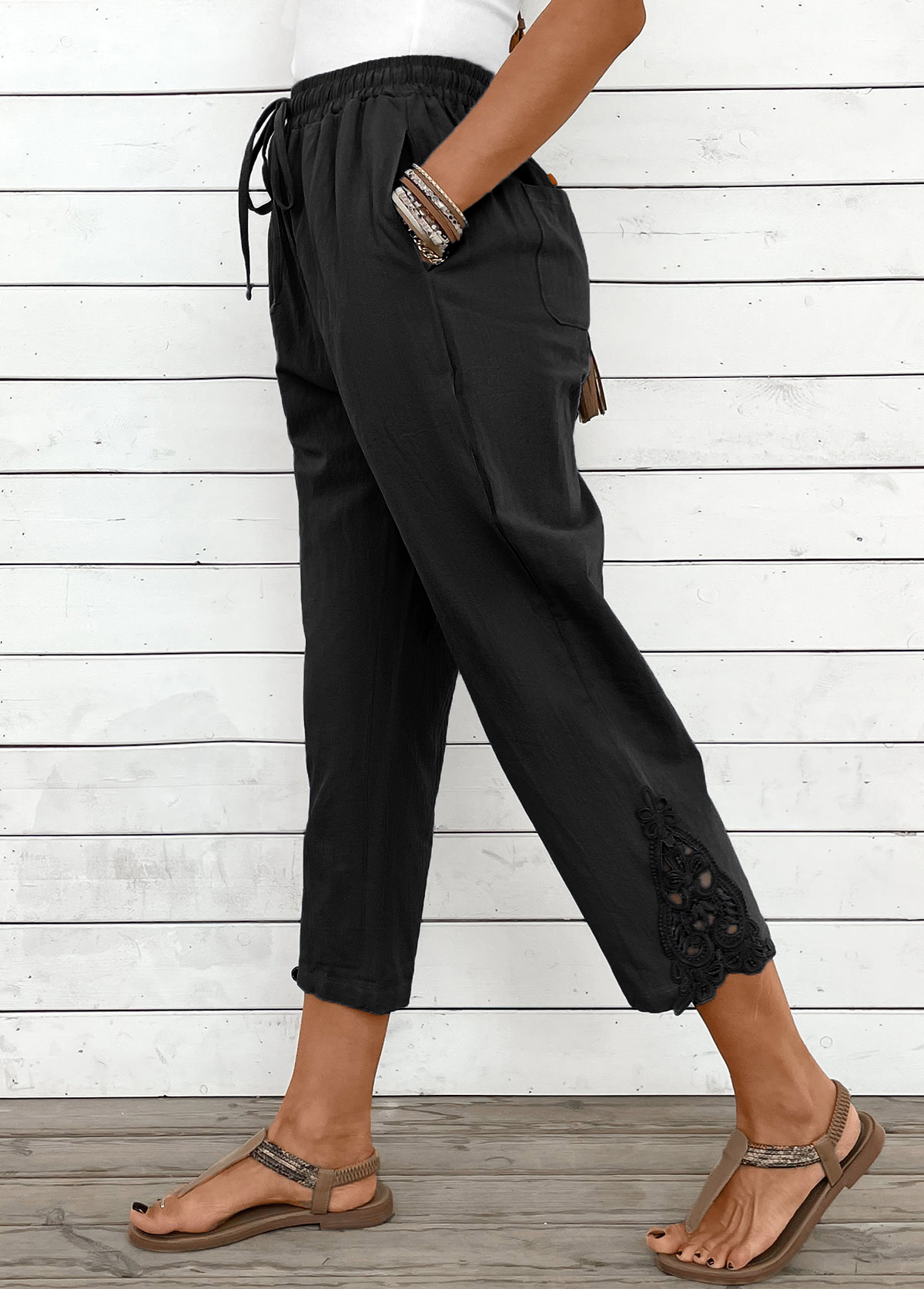 Modlily Black Straight Leg Elastic Waist High Waisted Pocket Pants - S