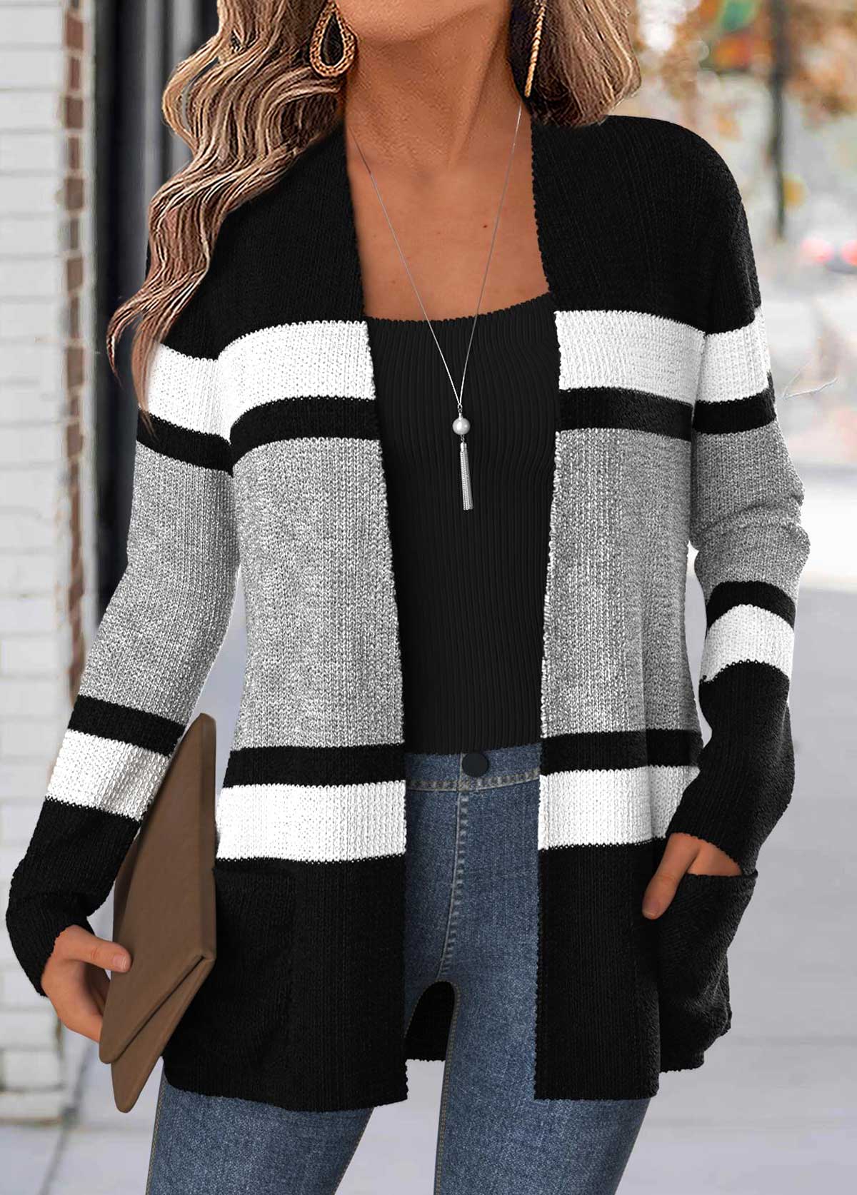 Modlily Black Striped Curved Hem Long Sleeve Cardigan - XXL
